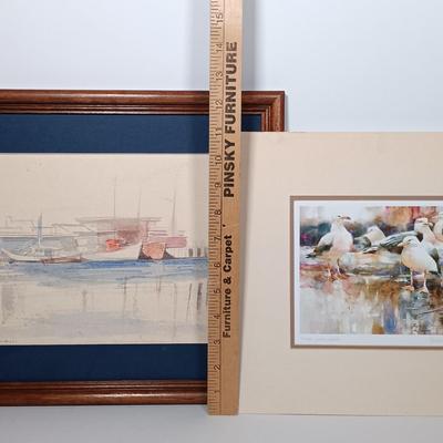 LOT 271: Watercolor by LiLo, Wood Art 'Lighthouse and Seagull', Shadow Box Containing Shells & More