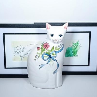 LOT 272: Hand-Painted Ceramic Cat with (2) Mixed Media Art Pieces by S. Faxon