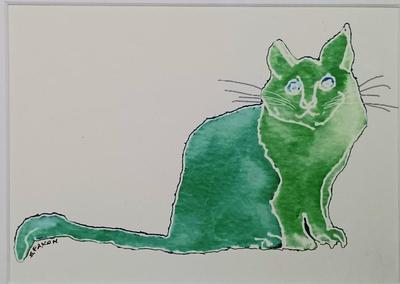 LOT 272: Hand-Painted Ceramic Cat with (2) Mixed Media Art Pieces by S. Faxon