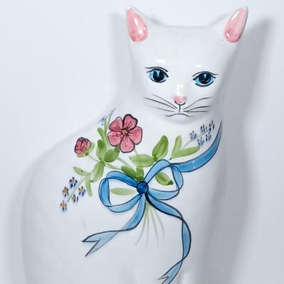LOT 272: Hand-Painted Ceramic Cat with (2) Mixed Media Art Pieces by S. Faxon