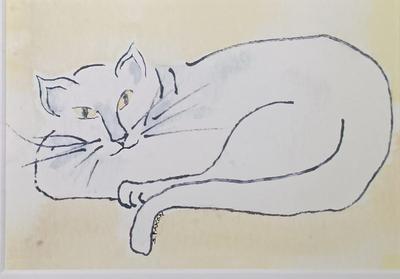 LOT 272: Hand-Painted Ceramic Cat with (2) Mixed Media Art Pieces by S. Faxon