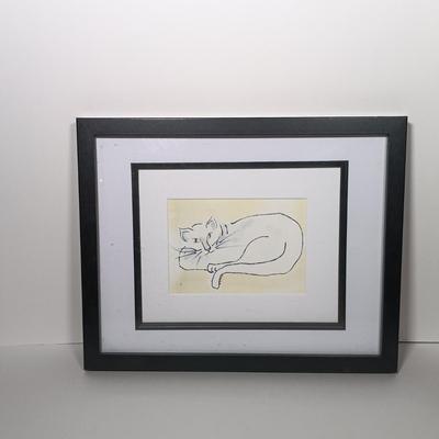 LOT 272: Hand-Painted Ceramic Cat with (2) Mixed Media Art Pieces by S. Faxon