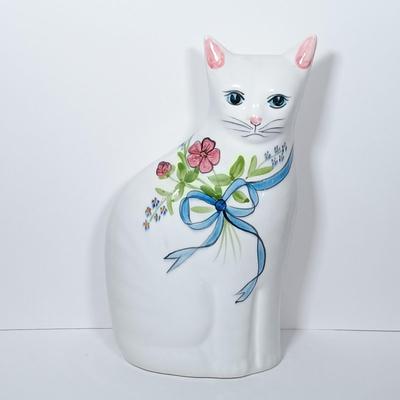 LOT 272: Hand-Painted Ceramic Cat with (2) Mixed Media Art Pieces by S. Faxon