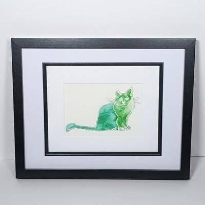 LOT 272: Hand-Painted Ceramic Cat with (2) Mixed Media Art Pieces by S. Faxon