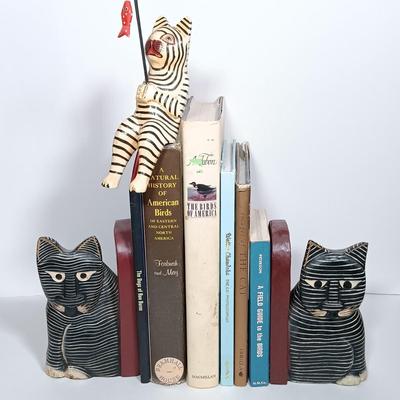 LOT 274: Carved Wood Fishing Cat and Cat Bookends with Books