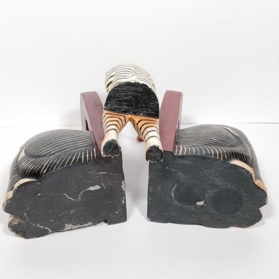 LOT 274: Carved Wood Fishing Cat and Cat Bookends with Books