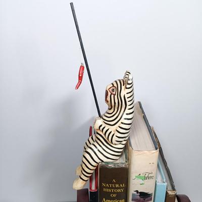 LOT 274: Carved Wood Fishing Cat and Cat Bookends with Books