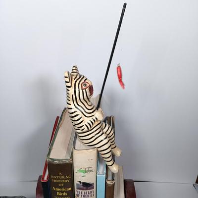 LOT 274: Carved Wood Fishing Cat and Cat Bookends with Books
