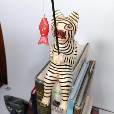 LOT 274: Carved Wood Fishing Cat and Cat Bookends with Books