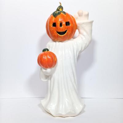 LOT 275: Vintage Marble-Eyed Owl, Pottery Skull & Pumpkin Ghost Candle