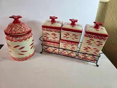 Three-piece Temptations Old World Red Canister Set with Metal Rack – and matching cookie Jar