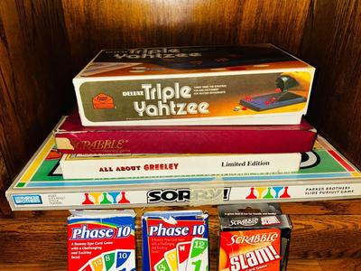 SCRABBLE, TRIPLE YAHTZEE, THE BEST OF GREELEY, CHINESE CHECKERS, SORRY AND MUCH MORE
