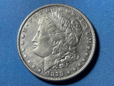 1878-P 8-TF VF CONDITION BRUSHED MORGAN SILVER DOLLAR AS PICTURED.