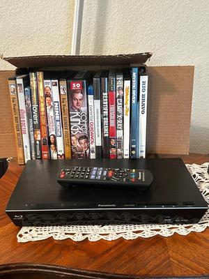 PANASONIC BLU-RAY DISC PLAYER W/REMOTE, DVD’S AND A VARIETY OF MUSIC ON CD’S