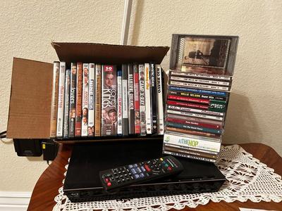 PANASONIC BLU-RAY DISC PLAYER W/REMOTE, DVD’S AND A VARIETY OF MUSIC ON CD’S
