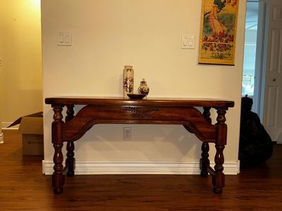 SOLID WOOD SOFA TABLE AND HAND PAINTED ASIAN POTTERY