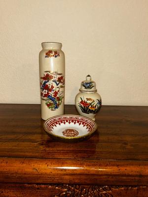 SOLID WOOD SOFA TABLE AND HAND PAINTED ASIAN POTTERY