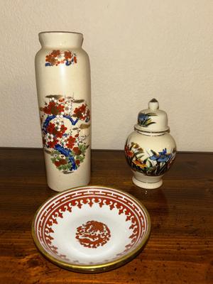 SOLID WOOD SOFA TABLE AND HAND PAINTED ASIAN POTTERY