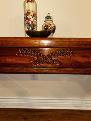 SOLID WOOD SOFA TABLE AND HAND PAINTED ASIAN POTTERY