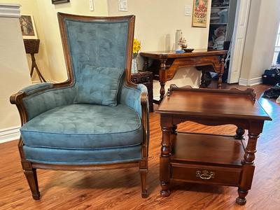 VICTORIAN STYLE ARMCHAIR AND YOUNG REPUBLIC SOLID MAPLE SIDE TABLE