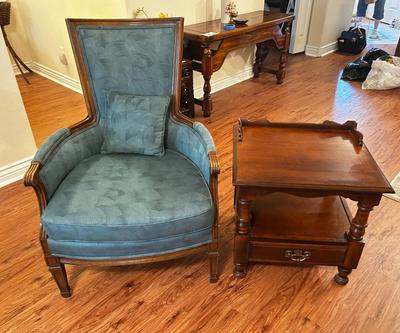 VICTORIAN STYLE ARMCHAIR AND YOUNG REPUBLIC SOLID MAPLE SIDE TABLE
