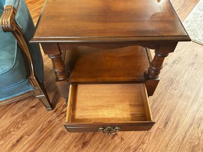 VICTORIAN STYLE ARMCHAIR AND YOUNG REPUBLIC SOLID MAPLE SIDE TABLE