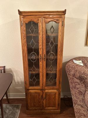 LEADED AND ETCHED GLASS NARROW DISPLAY CABINET