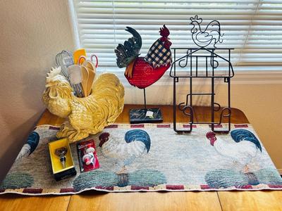ROOSTER UTENSIL HOLDER AND FREE STANDING ROOSTER DECOR PLUS MORE