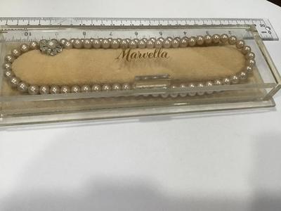 Beautiful Vintage Marvella Faux Pearl Rhinestone Necklace. In Beautiful Vintage Display Case