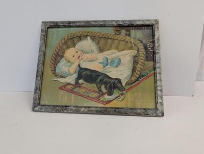 H. E. Nosworthy Augusta, Maine May 1920 Newspaper Print Framed Litho Baby & Dog An Even Exchange