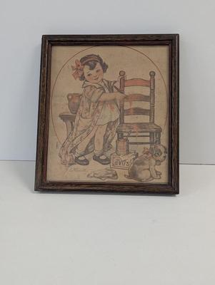 H. E. Nosworthy Augusta, Maine May 1920 Newspaper Print Framed Litho Baby & Dog An Even Exchange