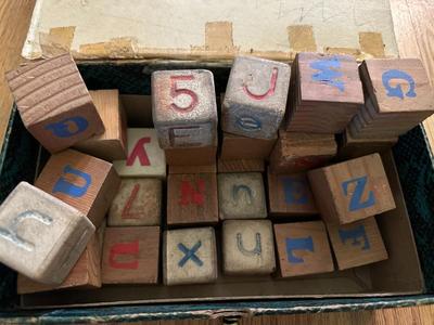 Vtg. Wooden Alphabet Blocks in Junior Miss Box