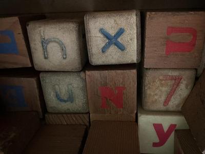Vtg. Wooden Alphabet Blocks in Junior Miss Box