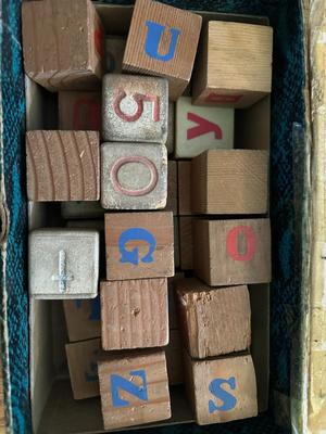 Vtg. Wooden Alphabet Blocks in Junior Miss Box