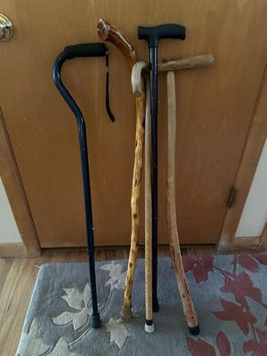 3 Hand Carved Wood Canes + 2 Medical Canes SEE POW MIA CANE