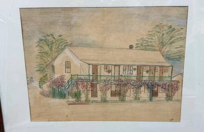 Sale Photo Thumbnail #240: The image shows a framed colored pencil drawing of a building, possibly a house or inn, with an attached porch or veranda. Maybe the Pilot House in New Orleans, or early building in San Juan Capistrano CA, or Spain.
Matted and framed, good condition. Arti