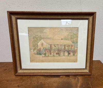Sale Photo Thumbnail #238: The image shows a framed colored pencil drawing of a building, possibly a house or inn, with an attached porch or veranda. Maybe the Pilot House in New Orleans, or early building in San Juan Capistrano CA, or Spain.
Matted and framed, good condition. Arti