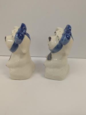 Hand Painted Large Shawnee Muggsy Range Salt & Pepper Shakers Blue Bows & Stickers