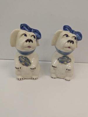 Hand Painted Large Shawnee Muggsy Range Salt & Pepper Shakers Blue Bows & Stickers
