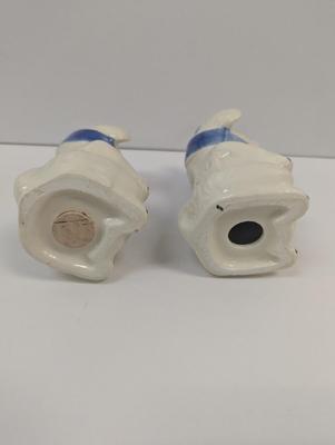 Hand Painted Large Shawnee Muggsy Range Salt & Pepper Shakers Blue Bows & Stickers