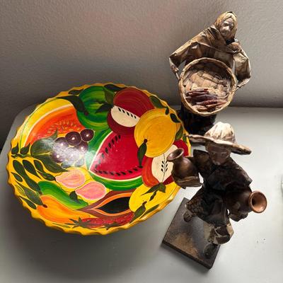 XL Vtg. Mexican Talavera Footed Bowl & Paper Machete Figurines