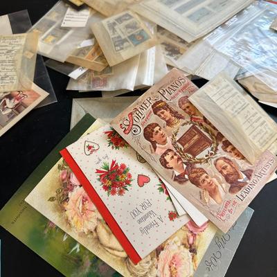 Misc. Vtg. to Antique Stamps, Greeting Cards, Ads, Paper Items Lot
