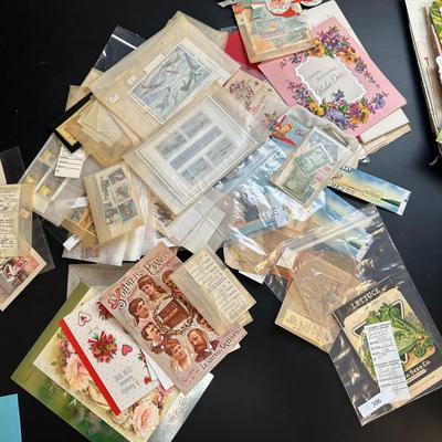 Misc. Vtg. to Antique Stamps, Greeting Cards, Ads, Paper Items Lot