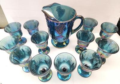 Lot #53 Vintage Indiana Glass Blue Iridescent Carnival Glass Set "Harvest" pattern