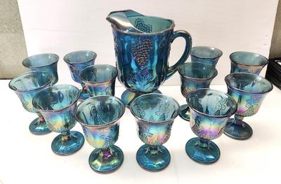 Lot #53 Vintage Indiana Glass Blue Iridescent Carnival Glass Set "Harvest" pattern