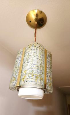 Lot #55 Groovy Mid Century Modern Hanging Light Fixture - Brass/Murano Glass