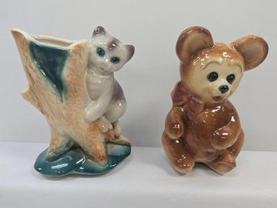 Royal Copley Kitten & Stump Vase Cat Climbing & Teddy Bear Planters