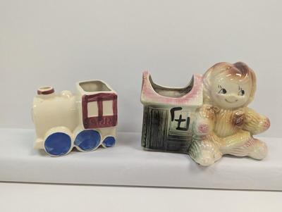 Vintage American Bisque Girl Rag Doll & Train Ceramic Planter