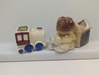 Vintage American Bisque Girl Rag Doll & Train Ceramic Planter