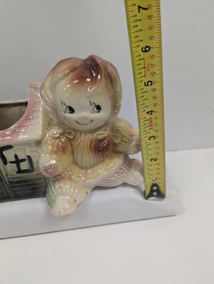 Vintage American Bisque Girl Rag Doll & Train Ceramic Planter
